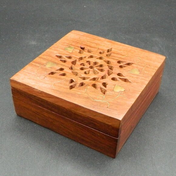 Handmade Wood Decorative Trinket Box with Brass Accents 4"Sq, made in India - Picture 2 of 5